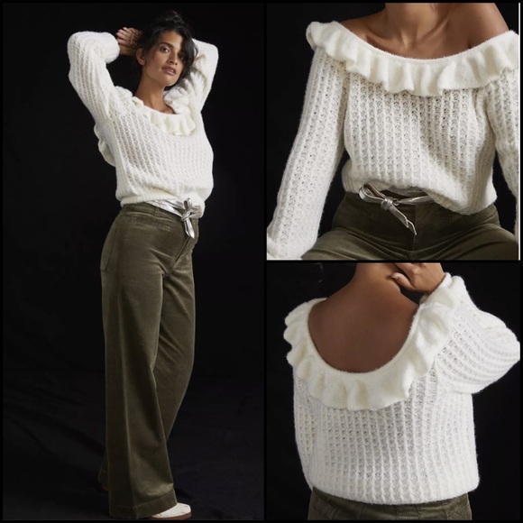 🤍Anthro Wool Blend Waffle Knit Boatneck Ruffle Sweater 🤍 - Picture 2 of 10